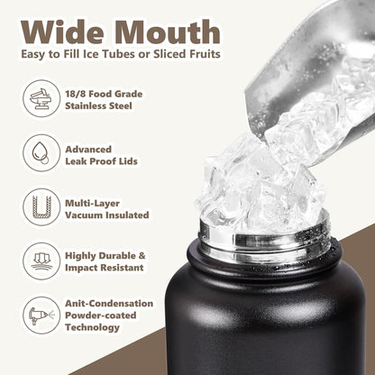 Insulated Water Bottle with Lid & Boot & Stickers, 24 oz Stainless Steel Sweat Free Bottle Keep Cold 24H, BPA-Free Sports Wide Mouth Water Bottle, BlueBlack