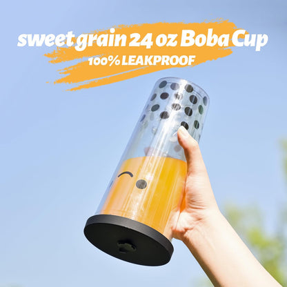 sweet grain Reuasble Boba Cup, 24 oz 100% Leak Proof and Double Wall Insulated Iced Coffee Tumbler with Reusable Plastic Straws and Straw Cleaner(Sky Blue)