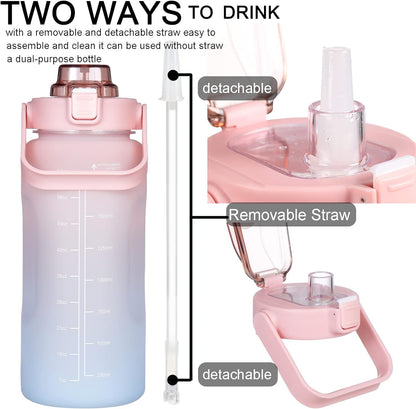 Large Motivational Water Bottle with Straw Time Marker BPA Free for Sport and Fitness (Pink Blue, 64 Oz / Half Gallon)