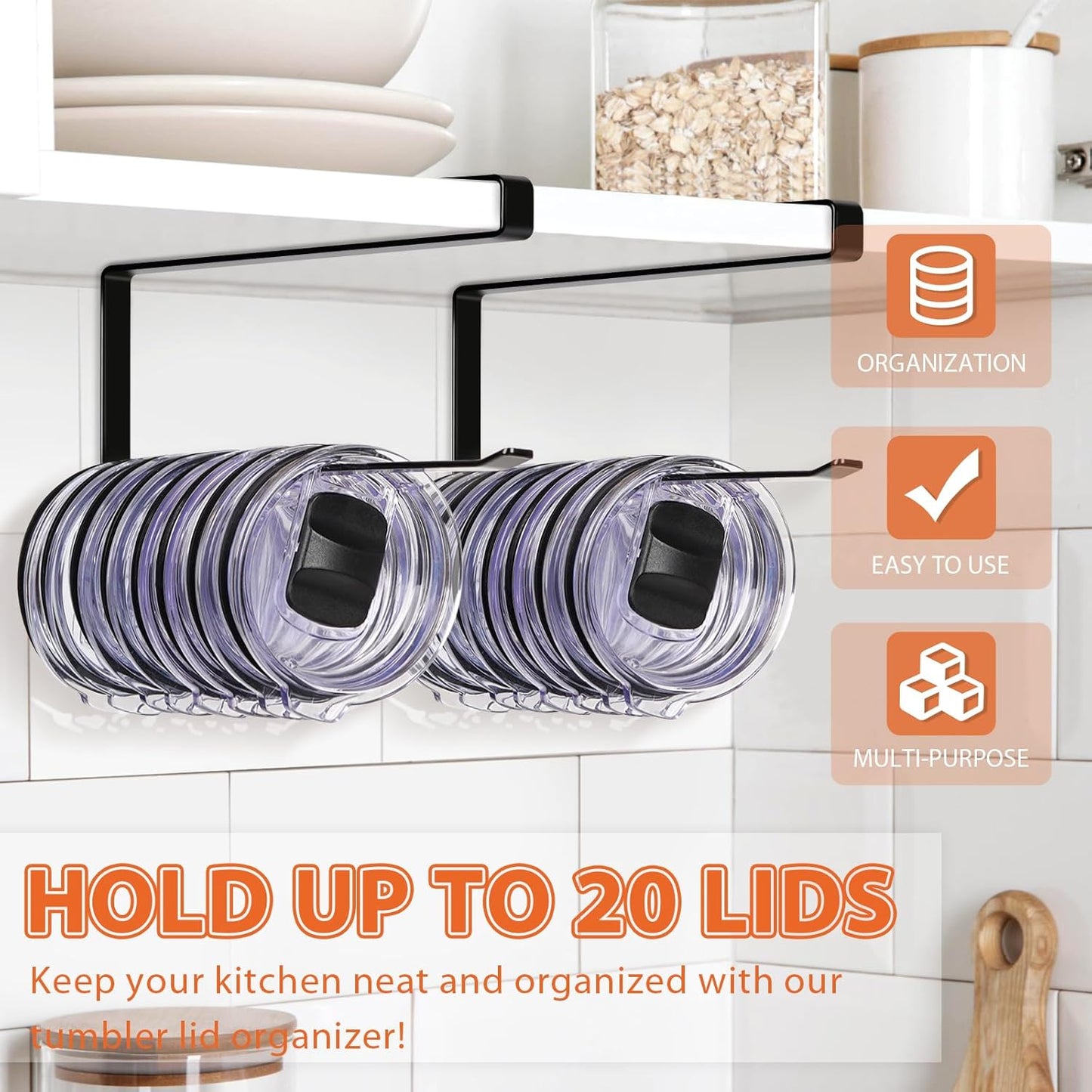 Tumbler Lid Organizer, Horizontal Tumbler Lid Storage Hook Up to 10 Lids, Space Saving Cup Lid Holders Under Cabinet Tumbler Lid Hook for Kitchen Organizer and Storage,Hanging Paper Towel Rack Hanger