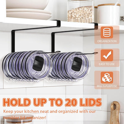 Tumbler Lid Organizer, Horizontal Tumbler Lid Storage Hook Up to 10 Lids, Space Saving Cup Lid Holders Under Cabinet Tumbler Lid Hook for Kitchen Organizer and Storage,Hanging Paper Towel Rack Hanger