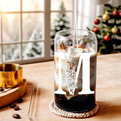 Glass Cups with Lids and Straws: Personalized Initial Glass Cup Be Used As Reusable Iced Coffee Cups with Lids,Cute Matcha Tumbler - The Christmas/Birthday Gifts for Women - M Smoothie Cup