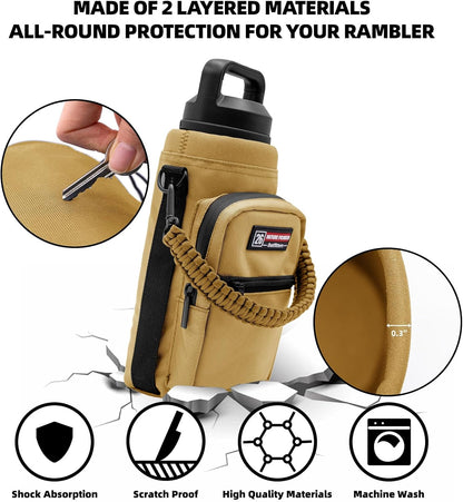 NATURE PIONEOR Water Bottle Holder with Adjustable Strap - 26/32/36/40/46/64oz Insulated Water Bottle Sling Carrier with Paracord Handle & 2 Pockets, Outdoor Sports, Hiking, Camping, Gym
