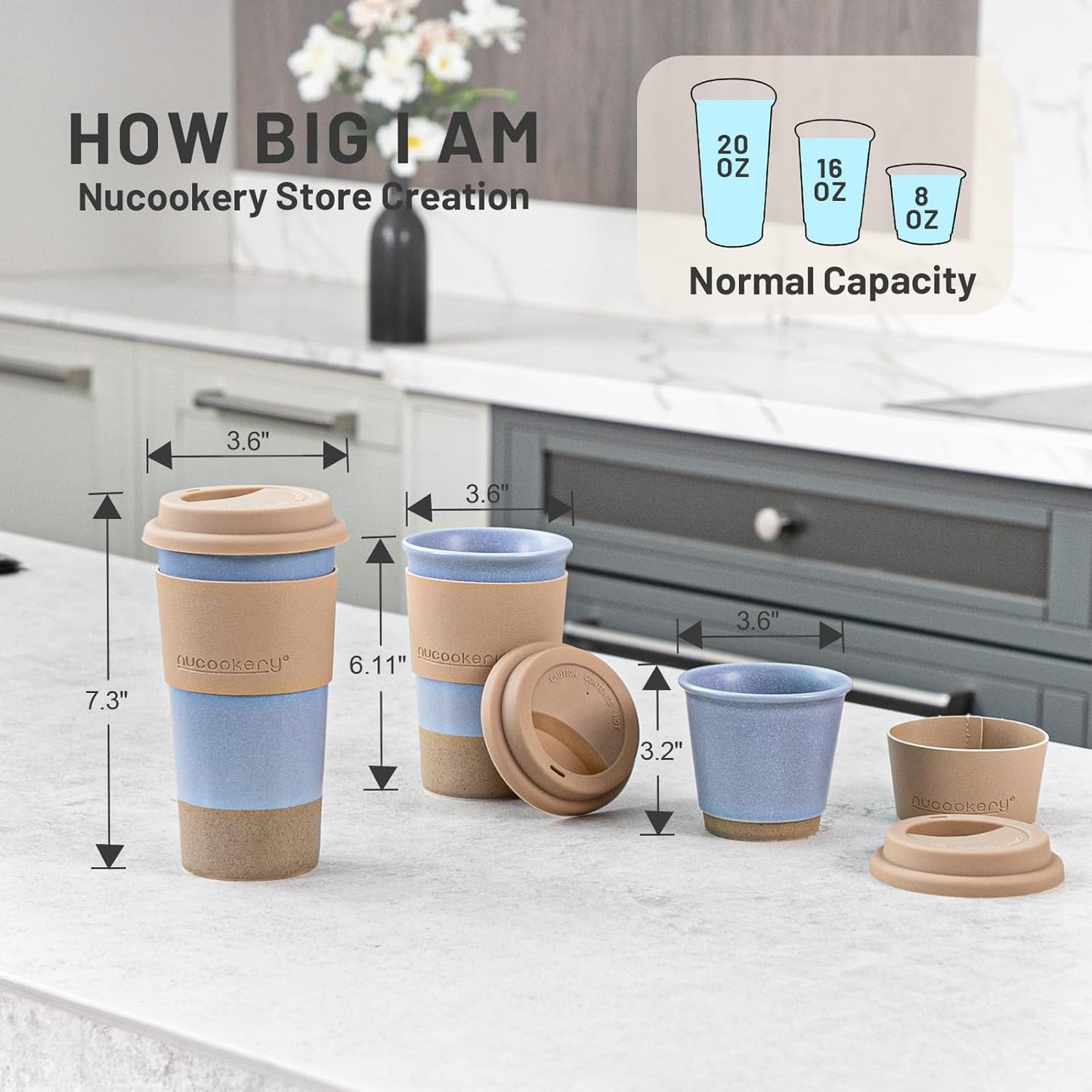 Nucookery Ceramic Travel Coffee Mug Set, Coffee Tumbler with Silicone Lid and Non-Slip Sleeve, Unique To Go Mug, Gifts for Women & Men, Microwave Safe Cappuccino, Tea, Latte, Iced-Coffee Cups, White