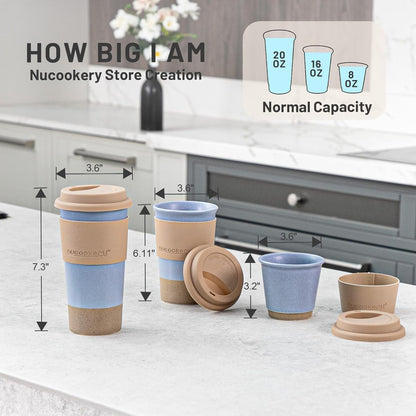 Nucookery Ceramic Travel Coffee Mug Set, Coffee Tumbler with Silicone Lid and Non-Slip Sleeve, Unique To Go Mug, Gifts for Women & Men, Microwave Safe Cappuccino, Tea, Latte, Iced-Coffee Cups, White