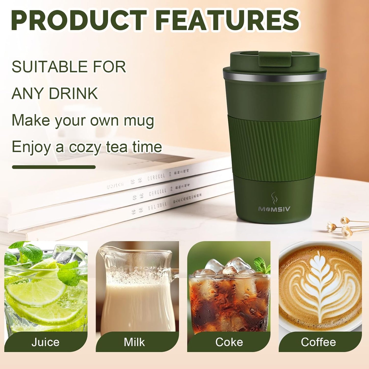 MOMSIV 12oz Travel Mug, Insulated Coffee Cup with Leakproof Lid, Travel Coffee Mug Vacuum Stainless Steel Double Walled Reusable Coffee Cup for Hot and Cold Water Coffee