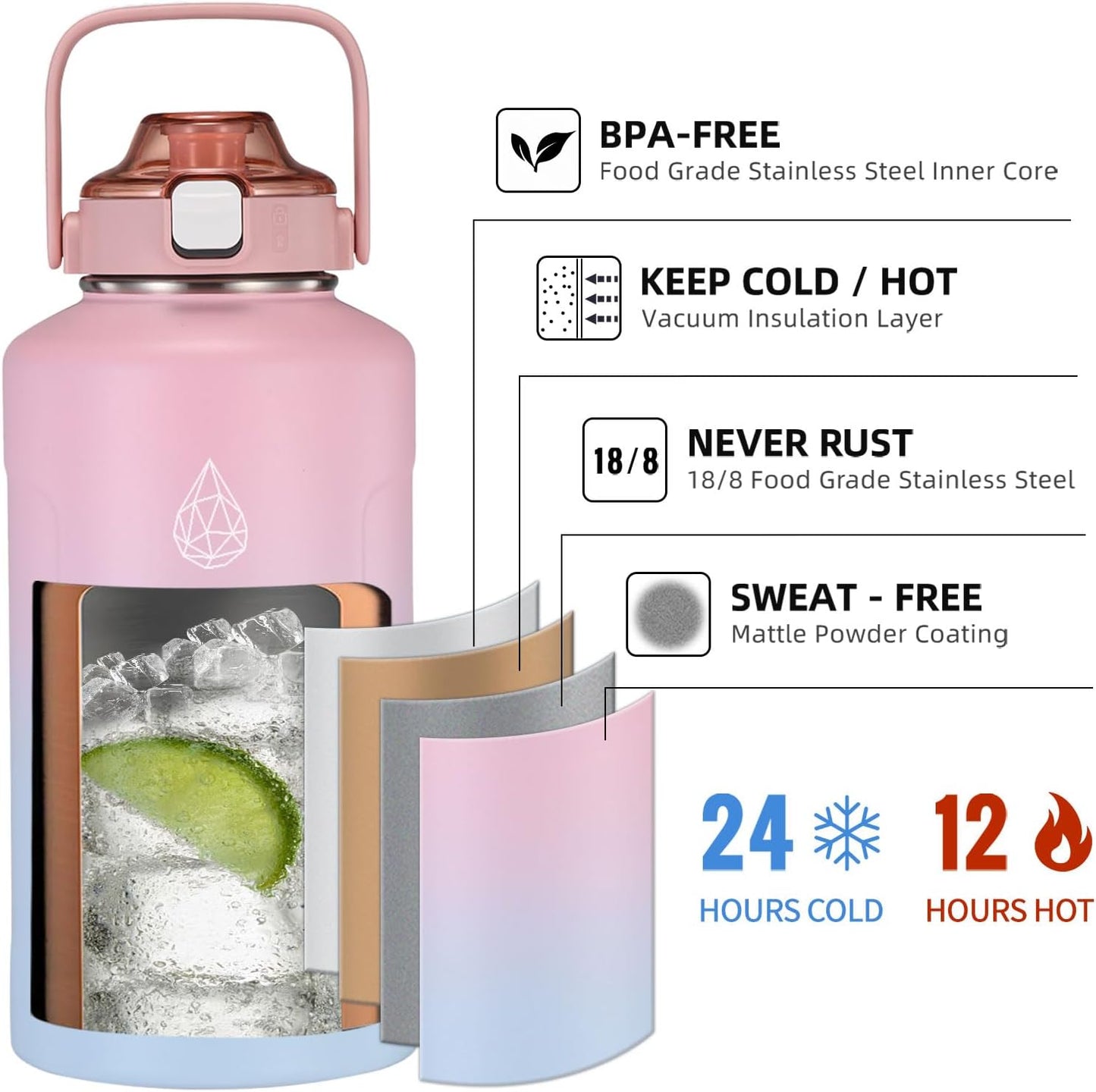 64oz Half Gallon Fruit Infuser Insulated Stainless Steel Water Bottle Jug, 48H Cold & 24H Hot, Large Capacity for Travel Hiking Mountain Climbing Black