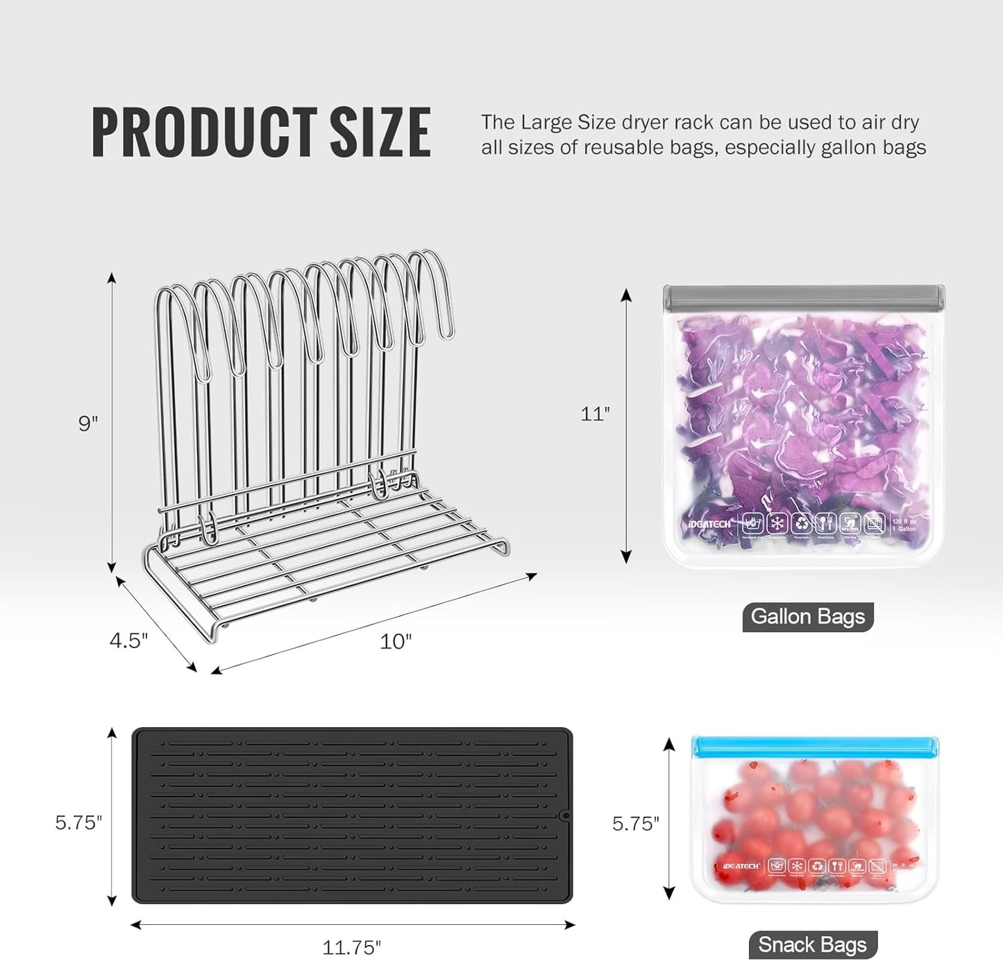 IDEATECH Reusable Bag Rack with Cup Drying Mat,Plastic Bag Dryer Rack Dish Drying,Collapsible Kitchen Counter Storage Organizer Sponge Holder,Dryer Rack for Silicone Storage Bag,Kitchen Must Have