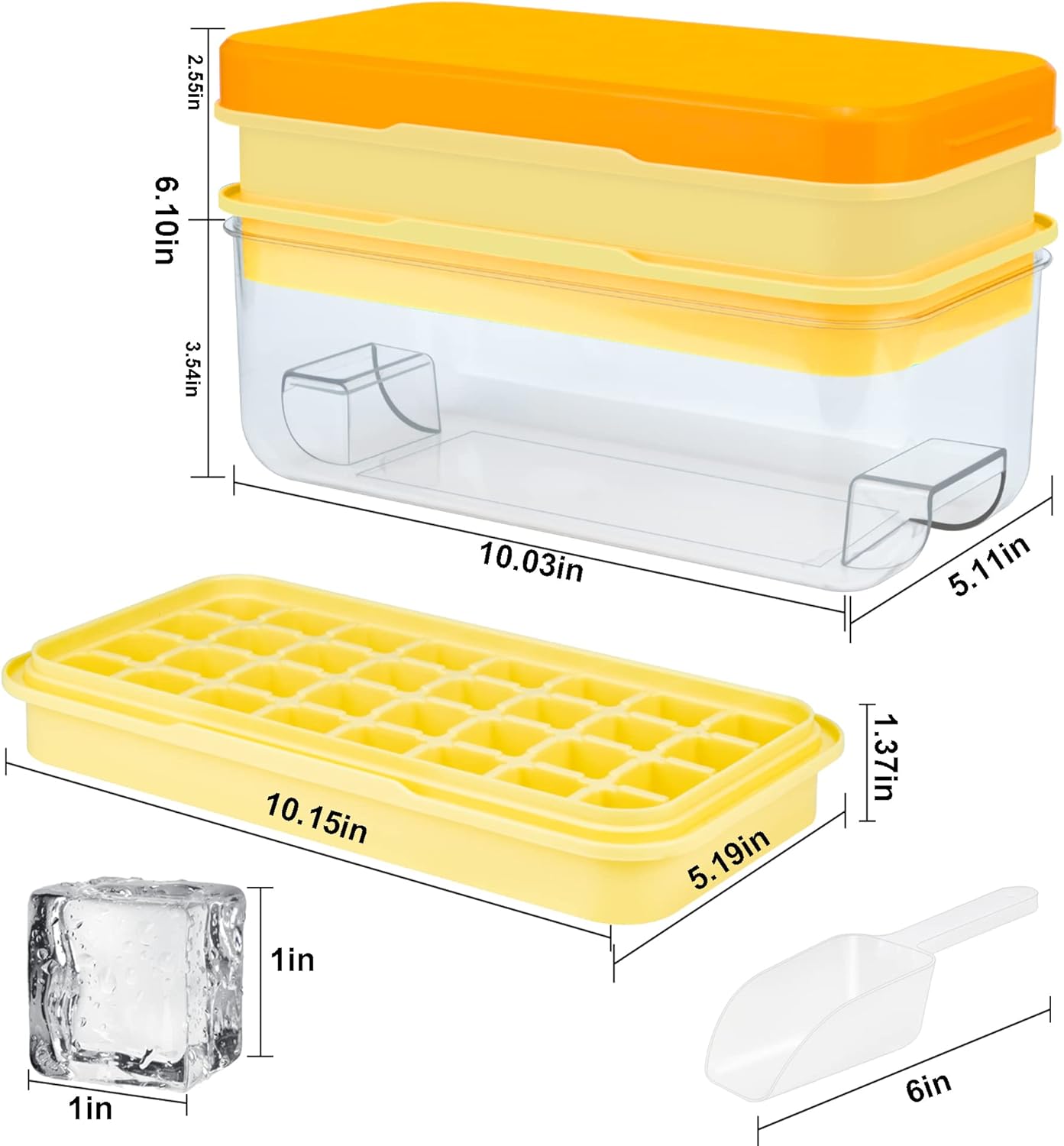 Ice Trays for Freezer with Lid & Bin, Ice Cube Tray Making 64 pcs Ice Cubes, Easy Press to Release Ice, Ice Tray with Storage Bin Chilling Cocktail Whiskey Coffee 2 Trays 1 Ice Bucket & Scoop (Black)
