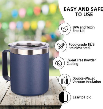 Volhoply 14oz Insulated Stainless Steel Coffee Mug with Lid Bulk 4 Pack,Double Wall Vacuum Travel Coffee Cup with Handle,Reusable Metal Cups Tumbler Cup,Camping Mugs,Ideal Gifts(Mix,4)