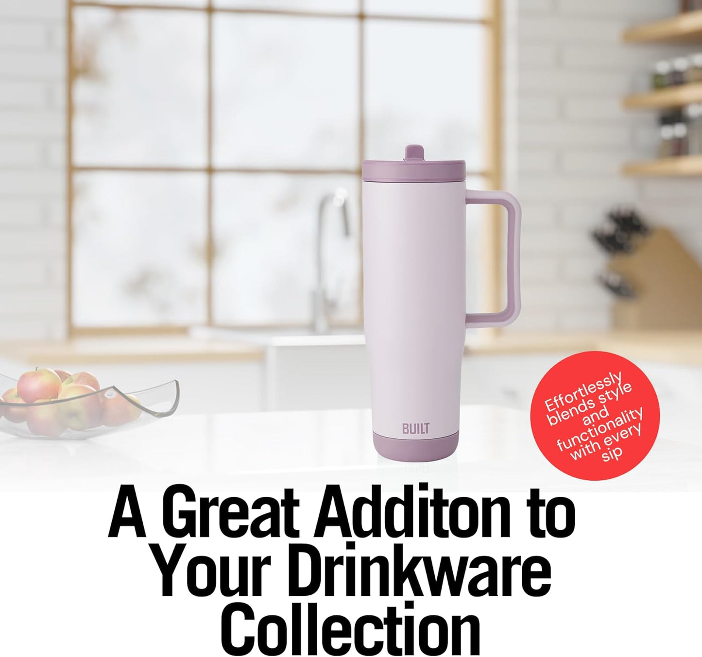 Built 40 oz Cascade Flip Straw Tumbler, Double Wall Insulated Bottle, Gym & Sport Bottles - Stainless Steel & Straw Lid, Leak-Proof, Soft Bumper Base, Portable BPA-Free (Lavender)