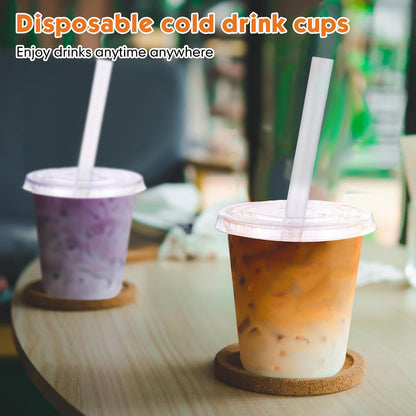Ziliny 50 Sets Crystal Clear Plastic Cups with Lids, Straws and Stickers, Disposable Iced Coffee Cups Thickened PET for Iced Coffee, Bubble BobaTea, Smoothie, Cold Drinks, Juice, Shops (12 oz)