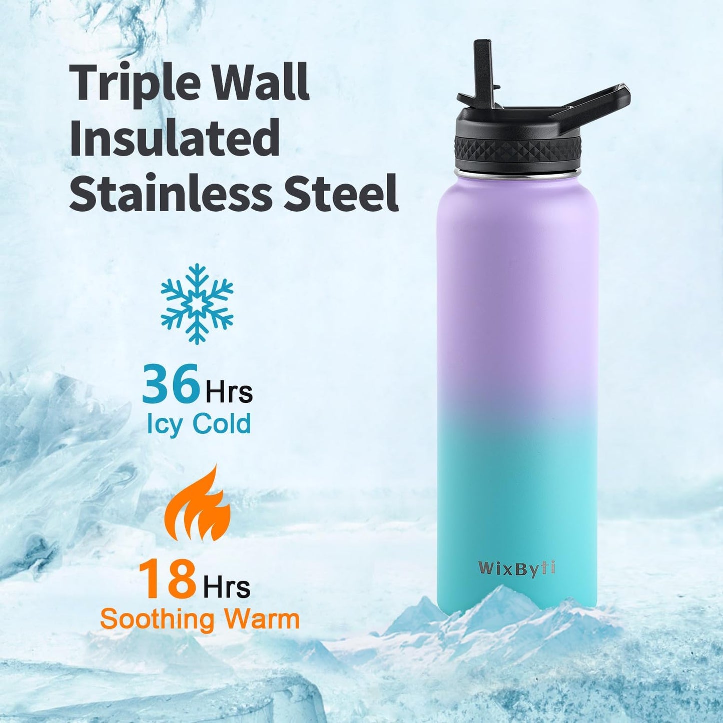 WixByti 40 oz Insulated Water Bottle with Straw (Cold for 36 Hrs), Stainless Steel Triple Wall Vacuum Sports Water Jug, Leakproof Hydro Cup Flask with Paracord Handle & Straw Spout Lids & DIY Stickers