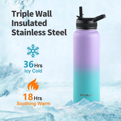 WixByti 40 oz Insulated Water Bottle with Straw (Cold for 36 Hrs), Stainless Steel Triple Wall Vacuum Sports Water Jug, Leakproof Hydro Cup Flask with Paracord Handle & Straw Spout Lids & DIY Stickers