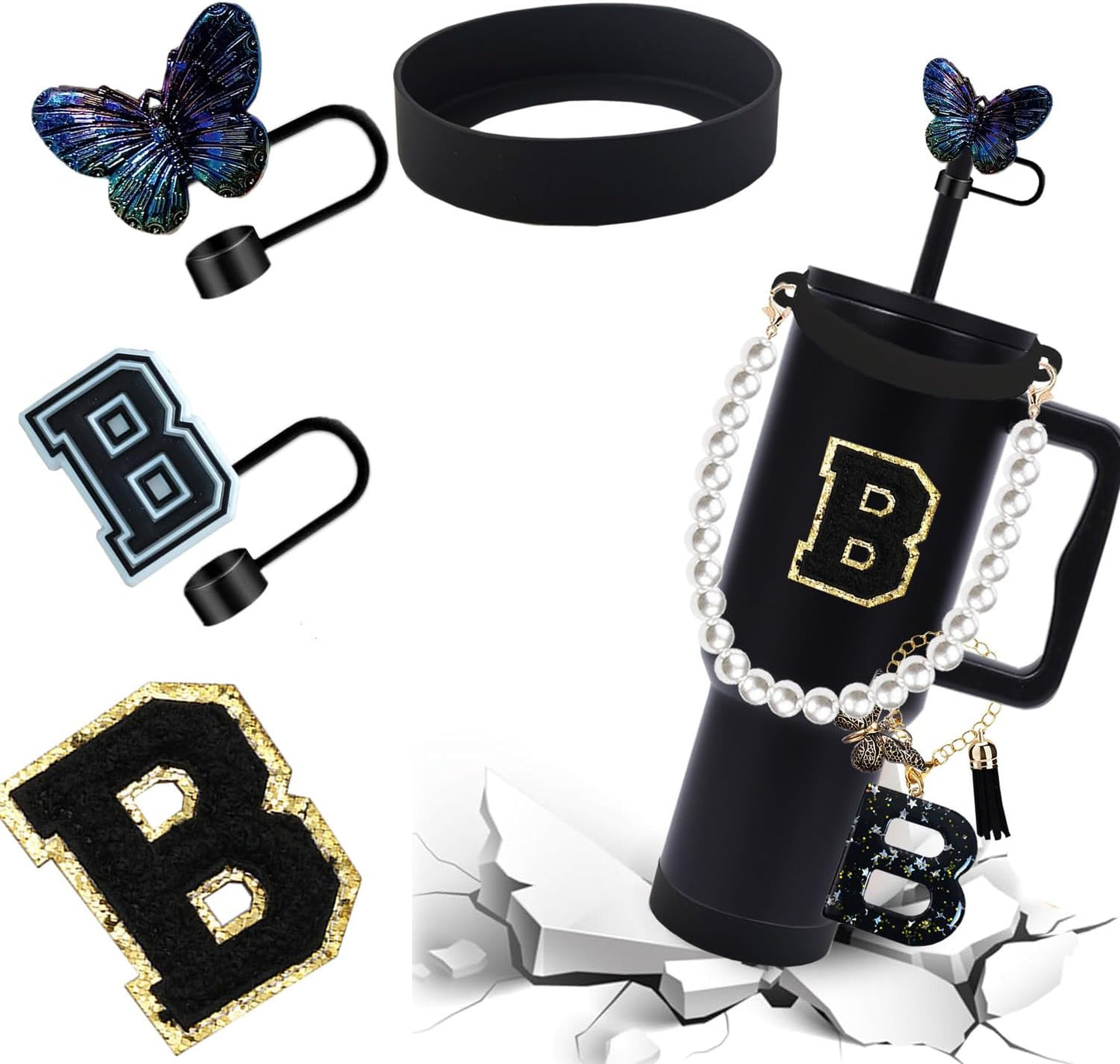 7pcs Cup Accessories for Stanley 30/40oz Tumbler, Handle Strap, Straw Cover, Silicone Boot, Letter Charm Stickers