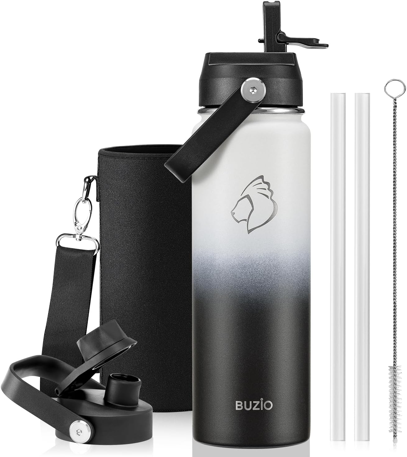 BUZIO 40oz Insulated Water Bottle, Triple Wall Vacuum Stainless Steel Water Flask with 2 lids, Lead-Free BPA-Free Straw Lid Sports Canteen Jug, Cold 48H & Hot 24H- Black - Colors A