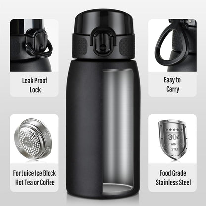 Insulated Water Bottle 24 oz with Dustproof Lid, Carry Handle & Tea Infuser, BPA-Free & Leakproof, Stainless Steel Water Bottles Ideal for Fitness, Hiking, Office & Outdoor Use (Black)