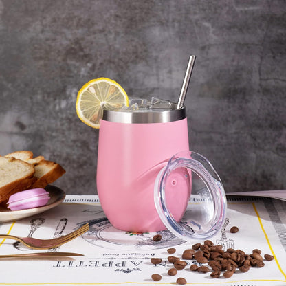 12 oz Insulated Wine Tumbler with Lid and Straw,Stainless Steel Stemless Wine Tumbler Glasses Double Wall Vacuum Wine Cups Tumbler for Coffee,Champaign,Cocktail,Office（Silver,1）