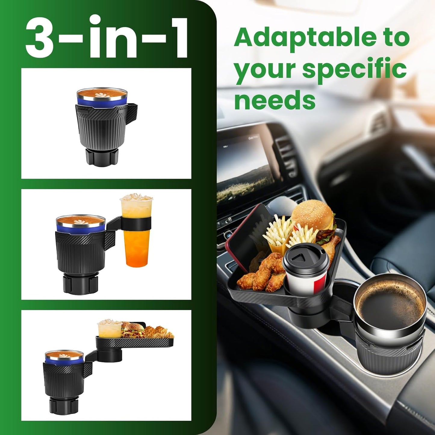 Car Cup Holder Tray, Extra Large Car Cup Holder Expander with 360° Rotation Fit Most Big Cup Detachable 3 in 1 Car Trays for Eating, Phone & Snack Organizer Road Trip Essentials