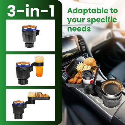 Car Cup Holder Tray, Extra Large Car Cup Holder Expander with 360° Rotation Fit Most Big Cup Detachable 3 in 1 Car Trays for Eating, Phone & Snack Organizer Road Trip Essentials