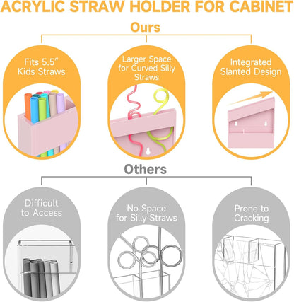 Acrylic Straw Holder for Cabinet - 9.5 Inch Clear Reusable Straw Organizer Dispenser with Ultra Sticky Adhesive Tapes, Slanted Kitchen Accessories Container Cupboard Door Mounted