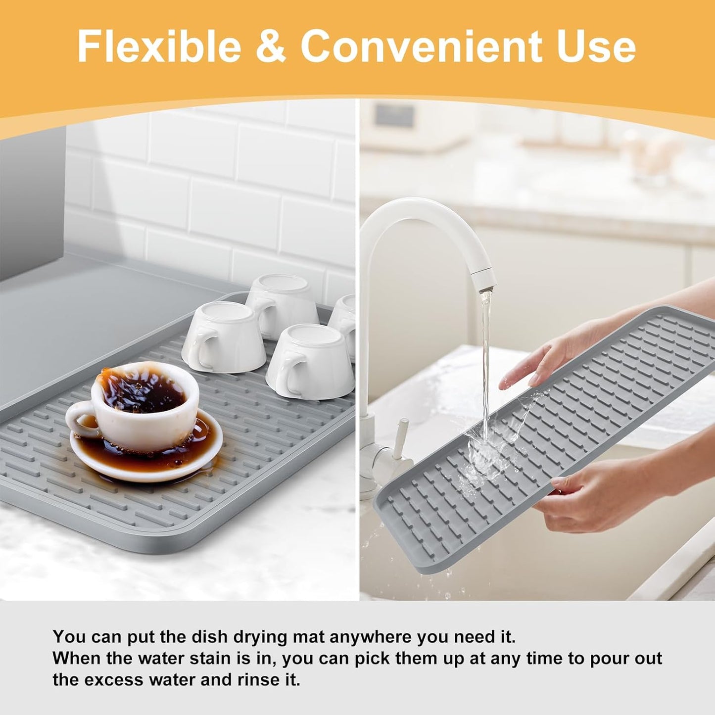 Silicone Coffee Mat, 24''x16'' Bar Mat with Detachable Dish Drying Mat - Fits Under Coffee Maker & Dish Rack