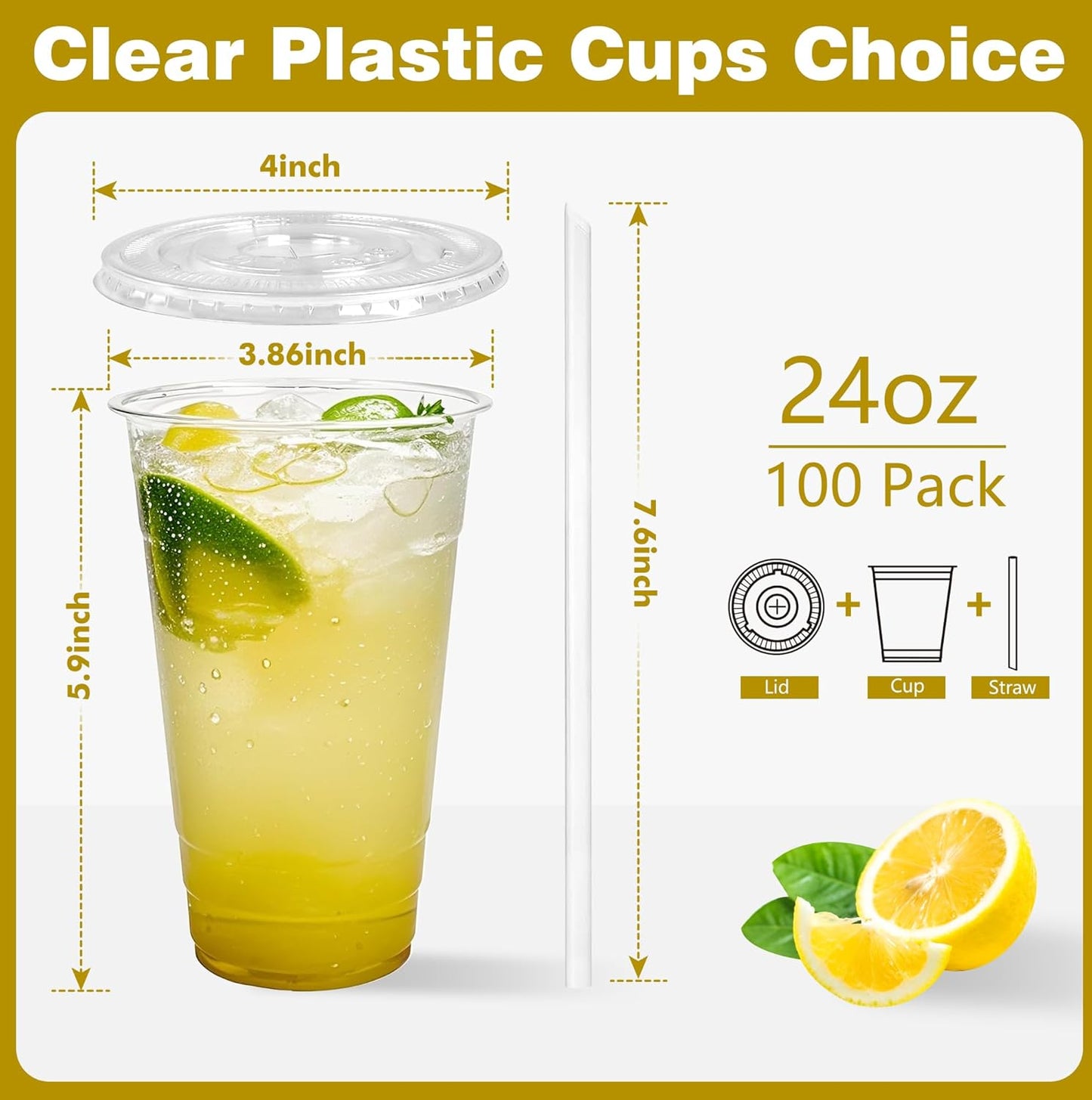 Charmount 24 oz Clear Plastic Cups with Lids and Straws, 100 Sets Disposable To Go Cups for Cold Drinks, Iced Coffee, Coffee Bar Accessories, Smoothies