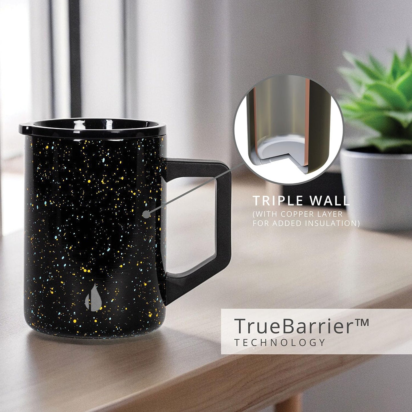Elemental Insulated Coffee Mug - Triple-Wall Stainless Steel Summit Travel Cup for Hot and Cold Drinks - Thermal Coffee Mug with Lid and Handle for Camping, Office & Travel 16oz - Rainbow Speckle