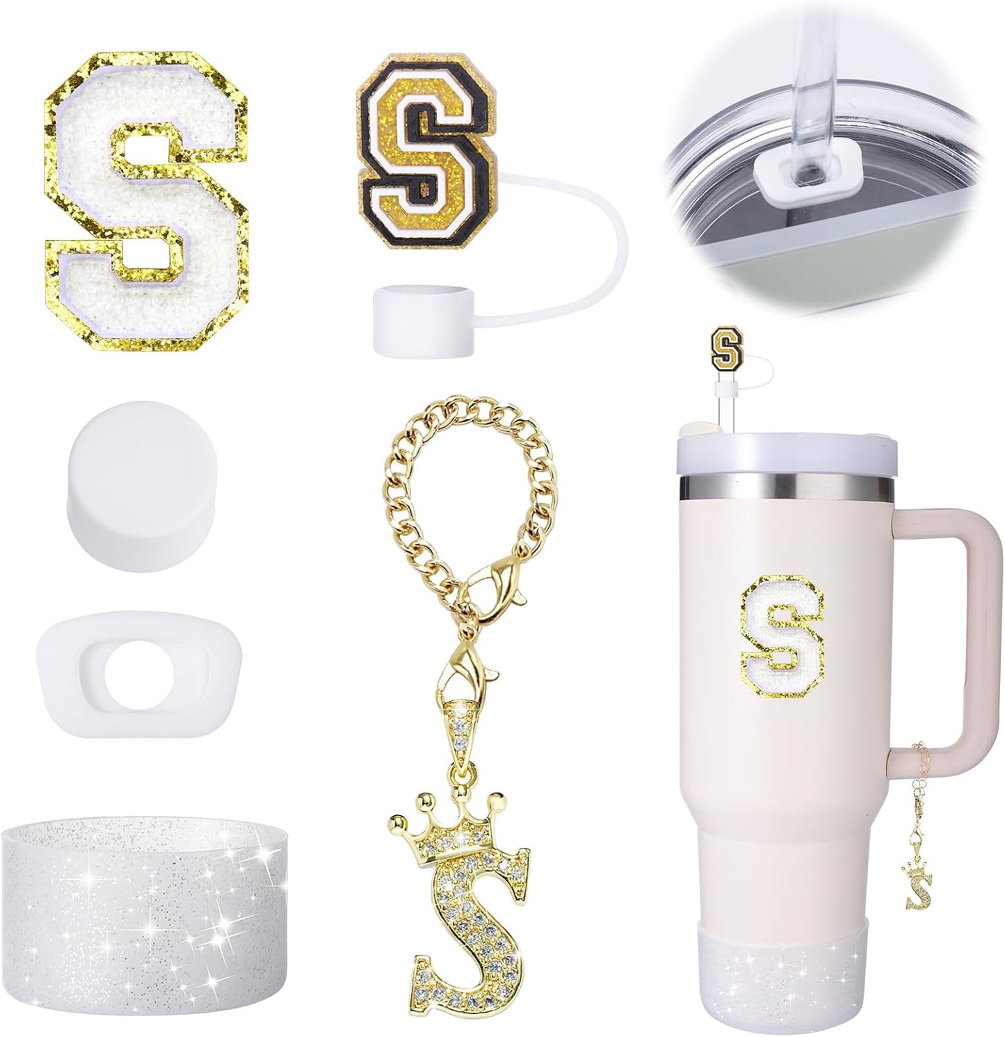 Mity Rain 6pc Cup Accessories Set for Stanley 30 oz & 40 oz Tumbler with Handle, Including Straw Cover Cap, Cup Initials Charm, Silicone Boot, Round & Square Spill Proof Stopper