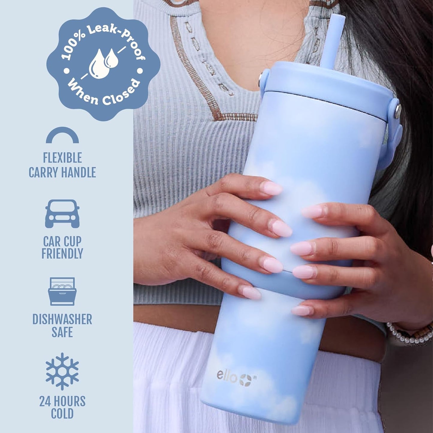 Ello Oasis Go+ 26oz Tumbler with Top Handle and Retracting Straw | Reusable Insulated Stainless Steel Cup, 100% Leakproof Water Bottle, 24 Hours Cold, Cup Holder Friendly For Travel | Wild Rasberry