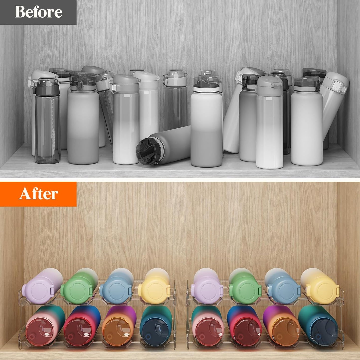 Lifewit 2 Tier Stackable Water Bottle Organizer for Cabinet, Plastic Bottle Holder Fits 6 Bottles/Tumblers up to 3.8" Diameter for Pantry/Countertop/Cupboard, 28 x 19 x 15 cm/11 x 7.5 x 5.7"
