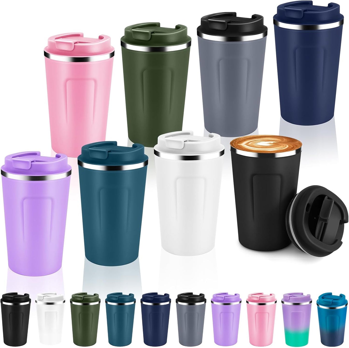 Volhoply 12 oz Double Wall Insulated Vacuum Travel Coffee Mugs with Flip Lid Bulk 2 Pack,Reusable Stainless Steel Leak Proof Coffee Cup,Portable Cafe Thermal Tumbler for Hot & Cold Drinks(Mix,2 Set)