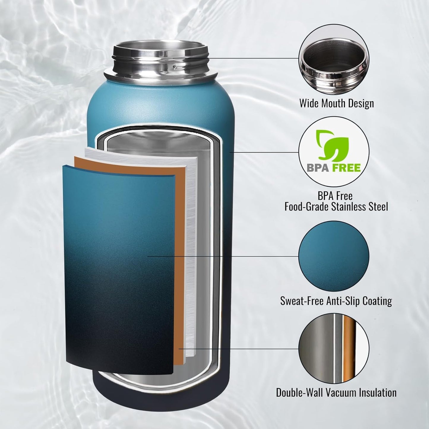 Fijinhom 24 oz Insulated Water Bottle with Handle, 304 Stainless Steel Water Bottles with Wide Mouth, Double Wall Vacuum Sports Water Bottle, BPA Free, Keep Cold and Hot, Black | with Handle
