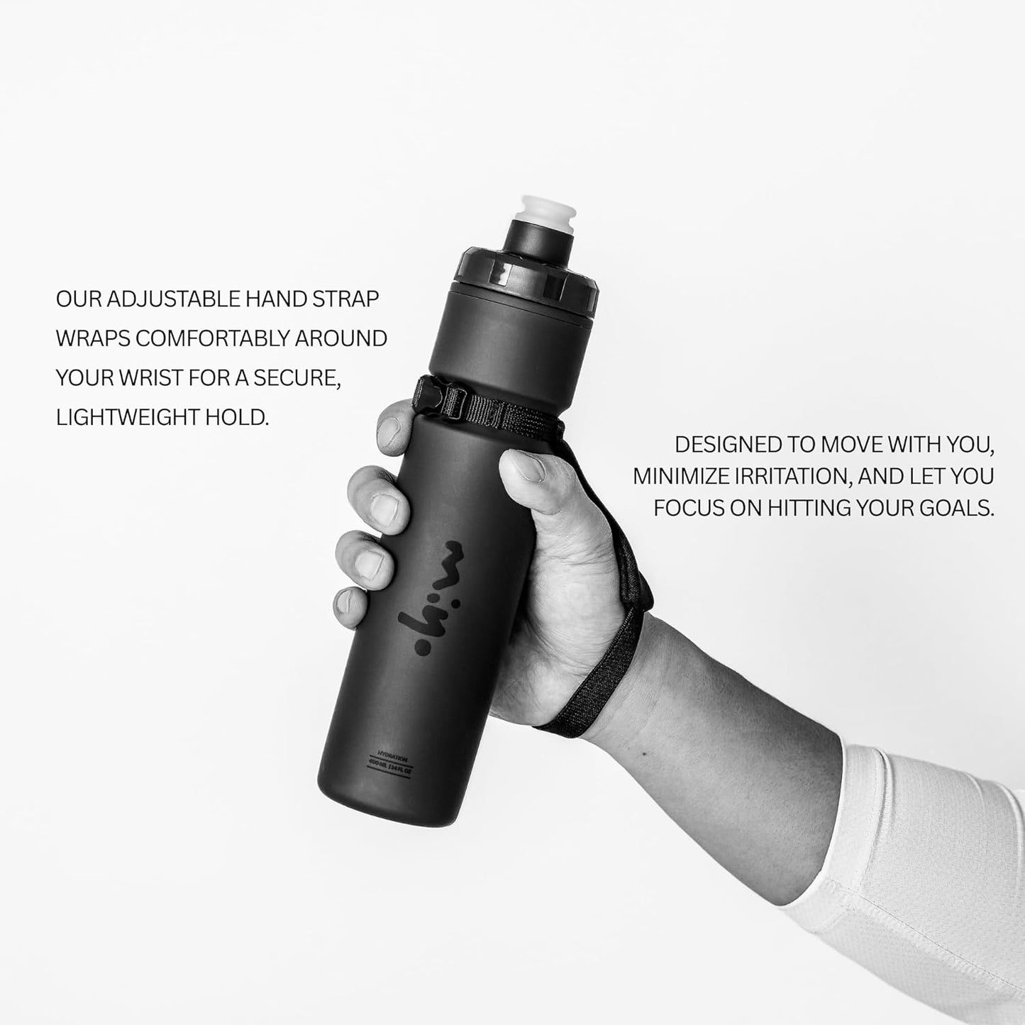 MIYO Insulated Handheld Running Water Bottle 400ml Lightweight Squeeze Bottle with Adjustable Hand Strap, Leakproof Nozzle, BPA-Free for Running, Hiking, Racing & Training (Charcoal)