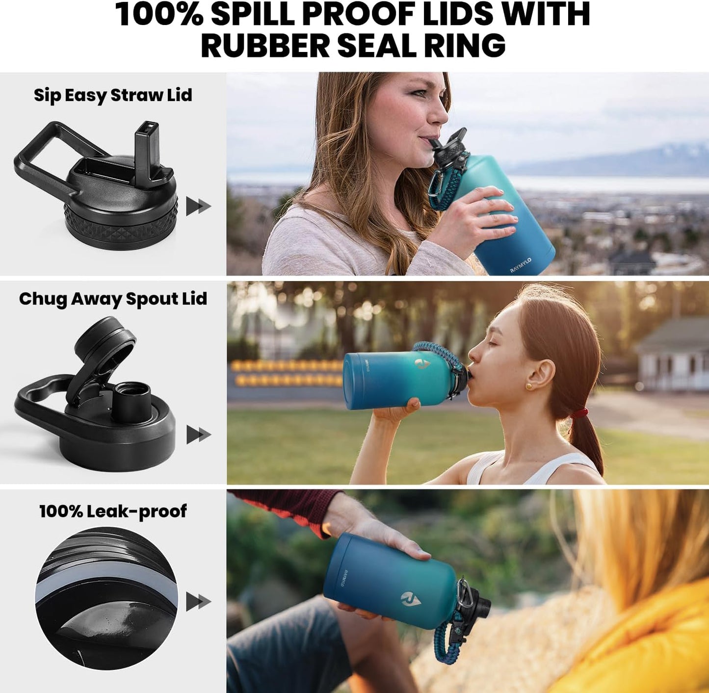 RAYMYLO One Gallon Water Bottle Insulated, Triple Walled Vacuum Stainless Steel (Cold for 48 Hrs), Leak Proof & Non-BPA, Large Water Flask Jug with Paracord Handle & Straw Spout Lids