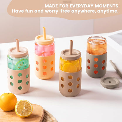 Mrsdry Glass Cups with Lids and Straws (4 Pcs), 16oz Drinking Glasses Set with Silicone Sleeves for Coffee Bar Accessories Iced Coffee Cups with Lids, Glass Tumbler Reusable for Gifts