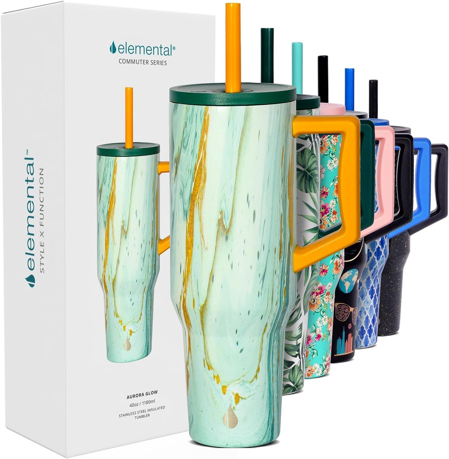 Elemental 32 oz 100% Leak Proof Tumbler with Handle & Straw - Stainless Steel Double Wall Insulated Tumbler for Hot and Cold Beverages - Travel Coffee Mug with Sip & Straw Lid - White - Colors A