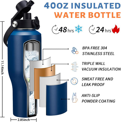 Insulated Water Bottle 40 oz - Fits in any Car Cup Holder, Keep Cold 48H Hot 24H, Stainless Steel Waterbottle Double Wall Flask with Straw, Pop-up Spout Lid, Paracord Handle, Carrier Bag