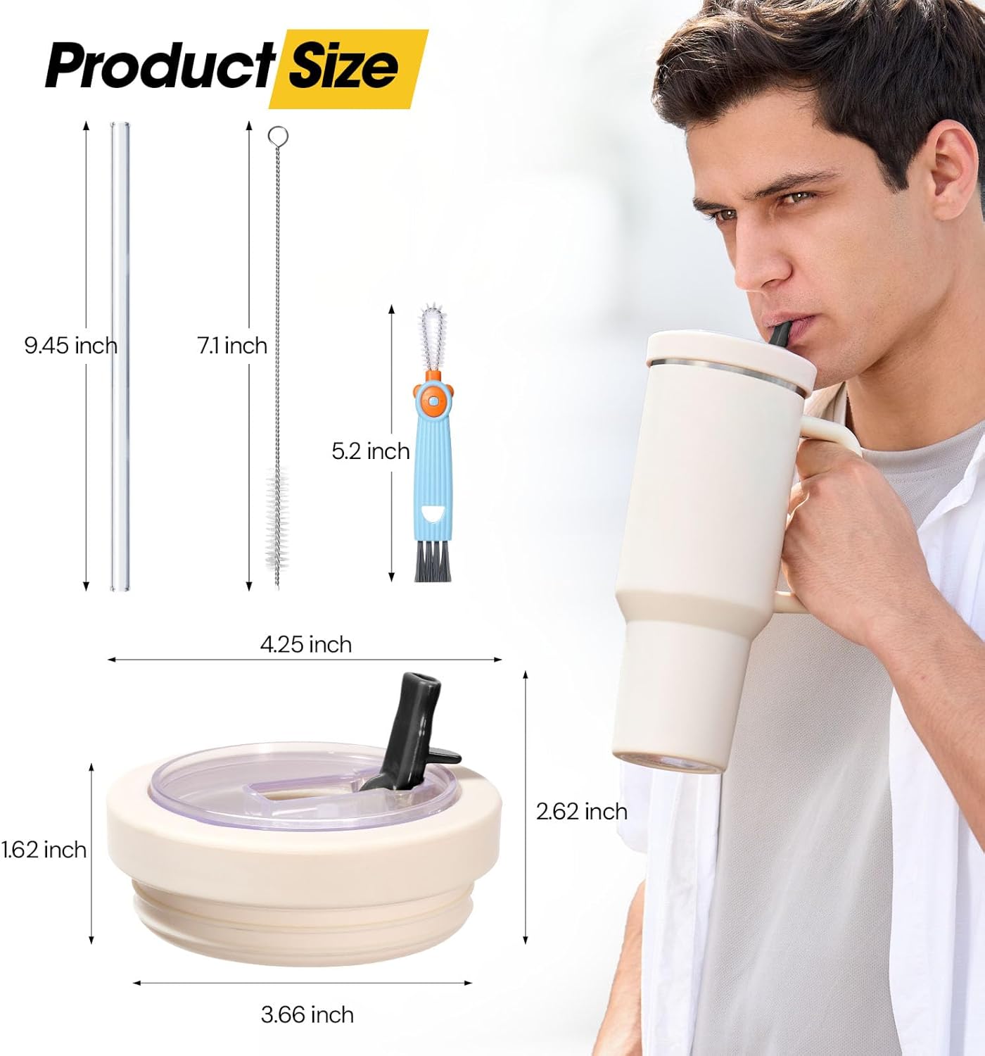 40 Oz Tumbler Flip Straw Lid for Stanley Quencher, Silicone Leak Proof Replacement Cover Reusable, Splash Resistant Cup Lids Accessories with Cleaning Brush Set