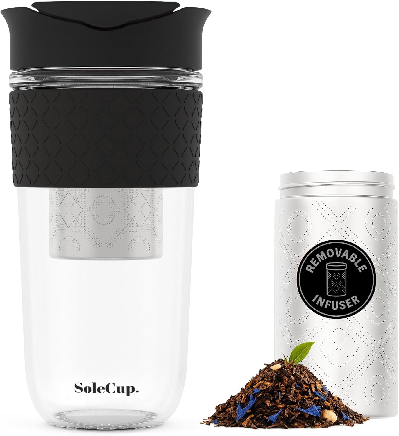 Travel Mug Loose Tea Infuser - Detachable Tea Strainer with Spillproof Lid - BPA-Free Reusable Glass Travel Coffee Cup with Silicone Band (Ice Cream, 12oz)