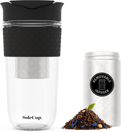 Travel Mug Loose Tea Infuser - Detachable Tea Strainer with Spillproof Lid - BPA-Free Reusable Glass Travel Coffee Cup with Silicone Band (Ice Cream, 12oz)