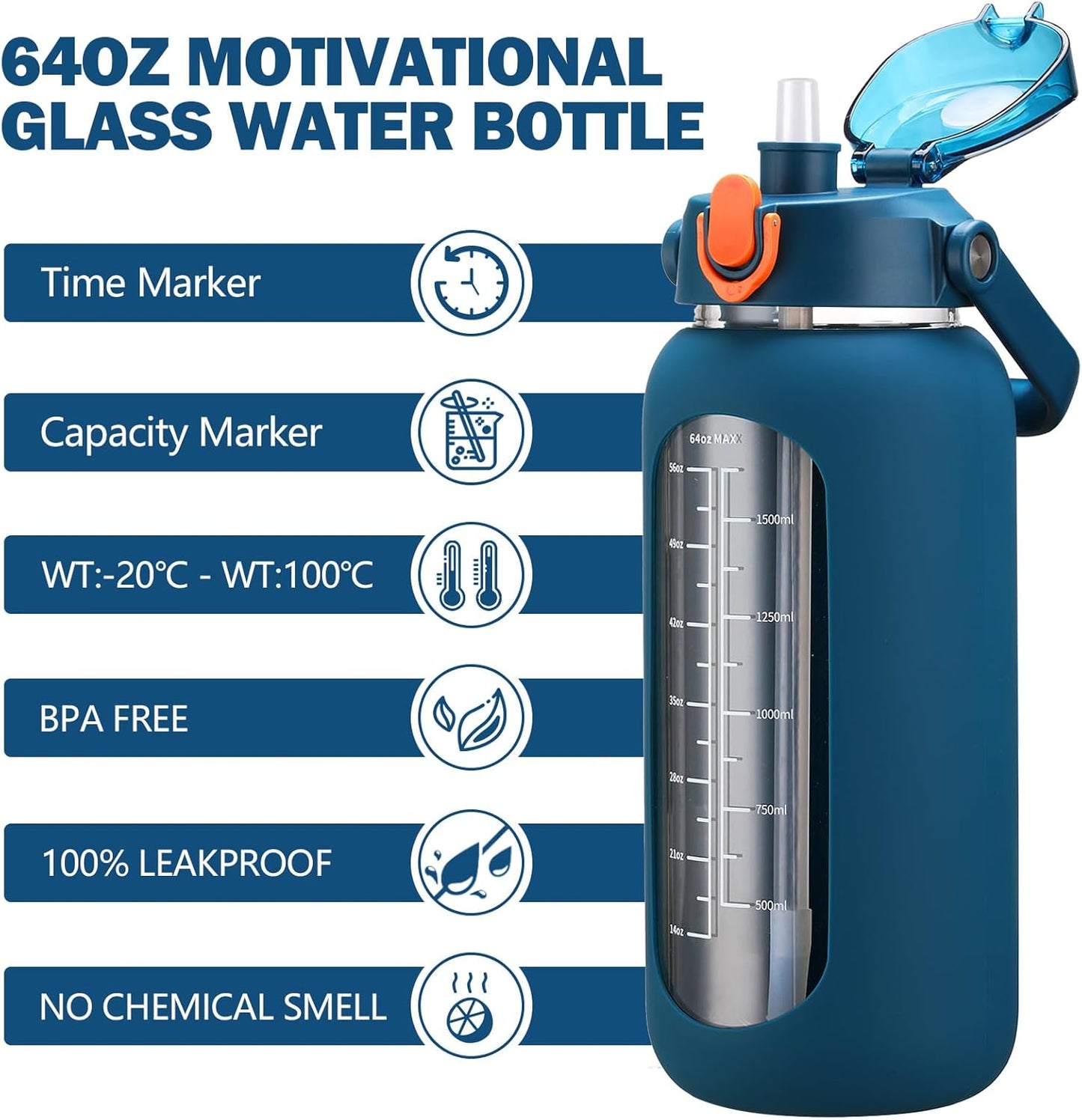 64oz Glass Water Bottles with Straw, Half Gallon Motivational Glass Bottle with Silicone Sleeve and Time Marker, 2L Leakproof Large Glass Water Jug for Gym Home Office,olive