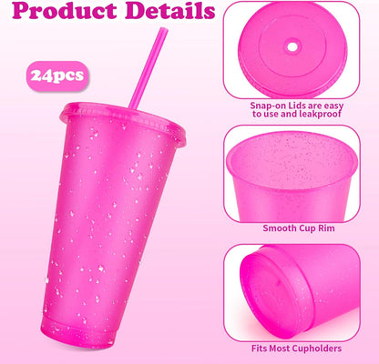 Hxezoc 16-Piece Reusable Cups with Lids and Straws, 24 oz Glitter Plastic Tumbler Iced Coffee Cups Travel Mug Cup for Smoothie Juices Beach or Bachelor Party (Black)
