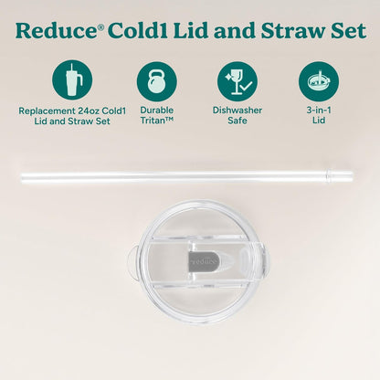 REDUCE brand Cold1 Tumblers or Mugs 20-24oz mouth Replacement Lid (3.5 inch diameter) and Straw (10.6 inch) set, Clear, BPA Free, Dishwasher safe, Durable, Reusable, Spill Proof Lid, Medium