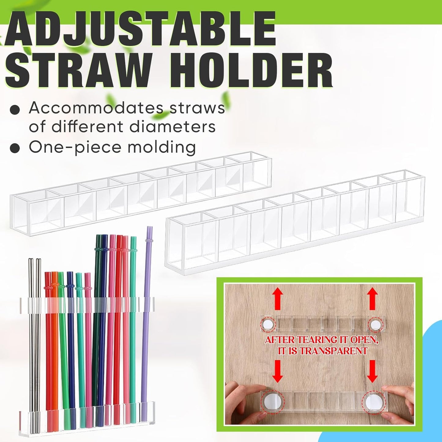 Baderke Straw Holder for Cabinet Reusable Straw Organizer with Double Sided Adhesive Tape Screws Storage Container for Kitchen Counter Cupboard(White,Classic)