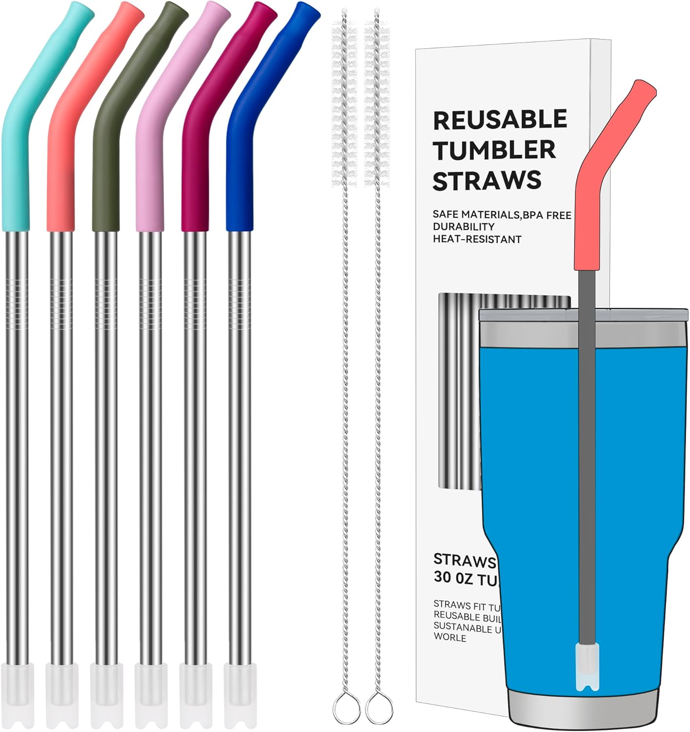 40 oz Straight Metal Straws for 40 oz Stanley Tumbler, 6 Pcs Stainless Steel Reusable Drinking Metal Straw with Colourful Silicone Tips,Straw for Glass Cups, BPA FREE