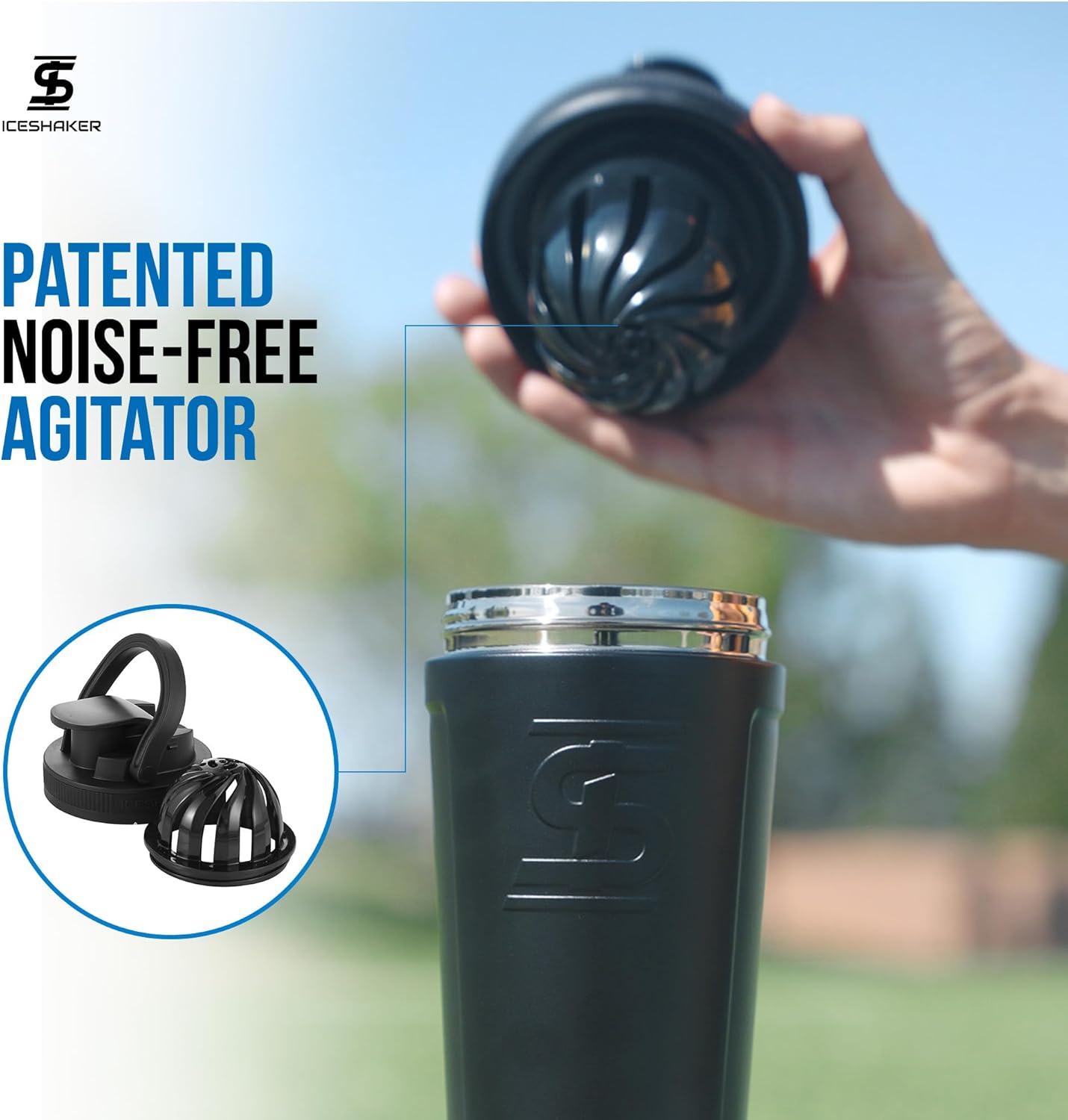 Ice Shaker Insulated Stainless Steel Shaker Bottle | 26oz, Bomber | Cold for 30+ Hours | Insulated Cup with Twist-on Agitator | Odor-Free Bottle for Protein Shakes, Water, Smoothies, Cocktails