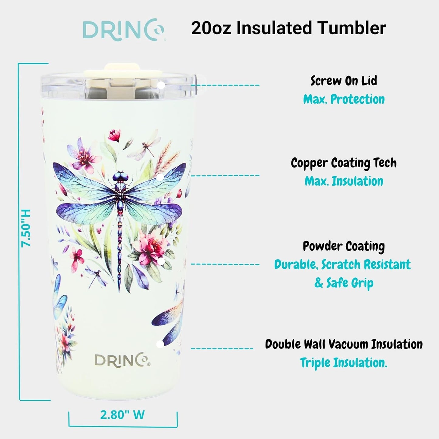 Drinco - 20 oz Stainless Steel Tumbler | Double Walled Vacuum Insulated Mug With Lid, 2 Straws, For Hot & Cold Drinks (20oz Dragonfly)