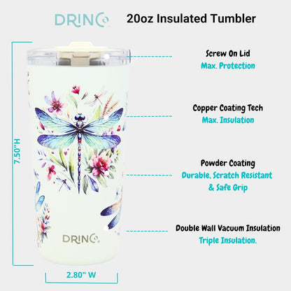 Drinco - 20 oz Stainless Steel Tumbler | Double Walled Vacuum Insulated Mug With Lid, 2 Straws, For Hot & Cold Drinks (20oz Dragonfly)