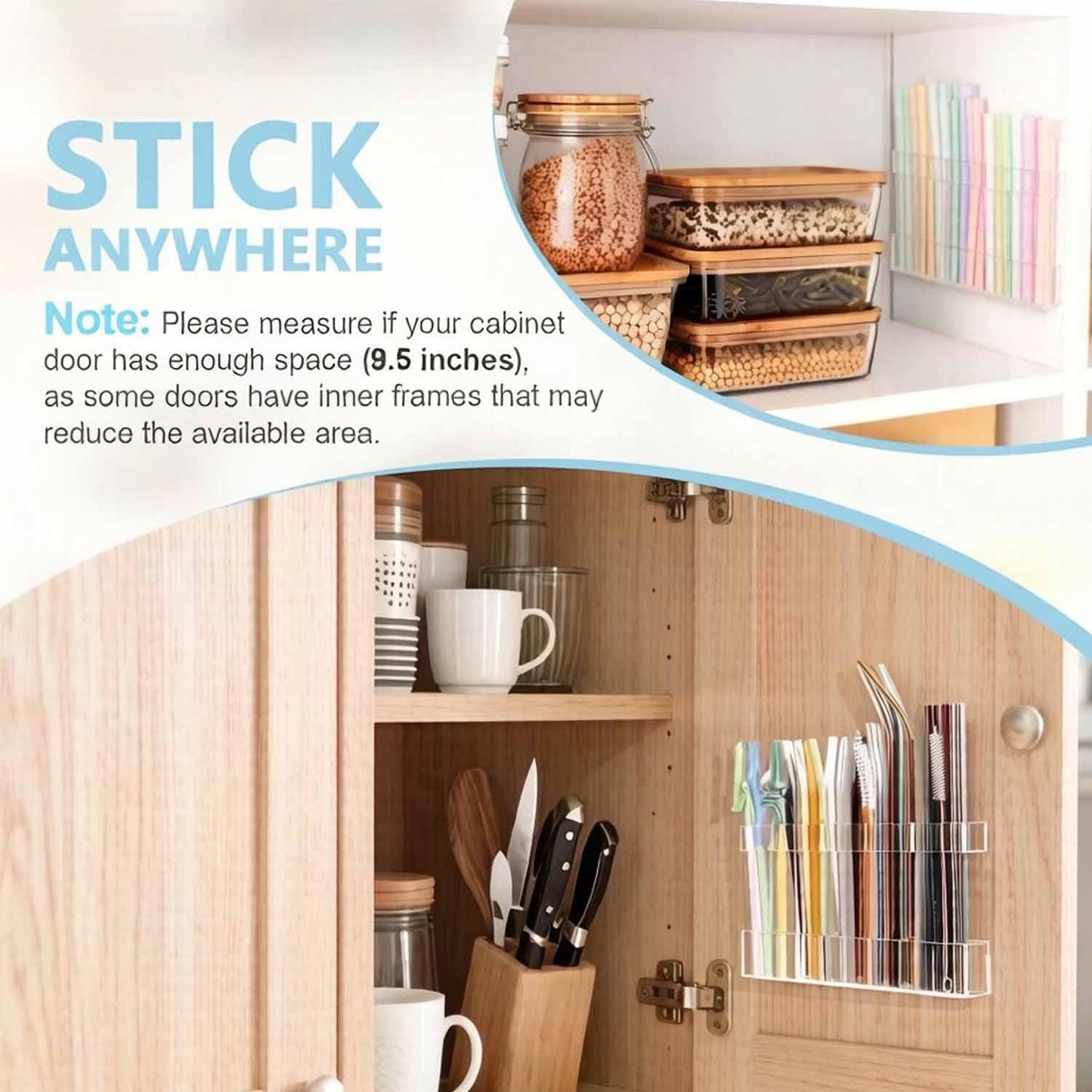 9.5” Large Acrylic Cabinet Straw & Utensil Organizer – Adjustable, Multipurpose Kitchen Storage for Reusable Straws, Brushes, Chopsticks – Ultra-Sticky & Drainable